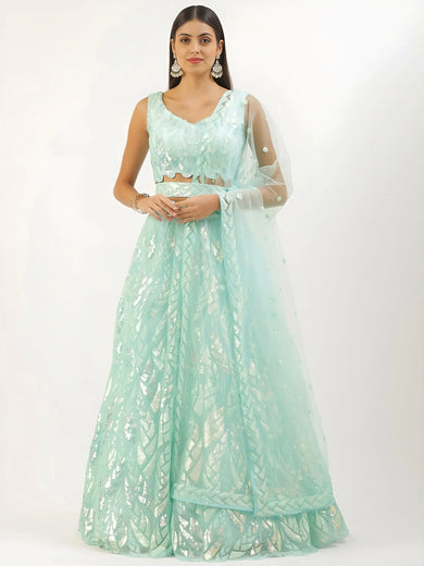 Outstanding Sky Blue Sequins Net Lehenga Choli With Dupatta